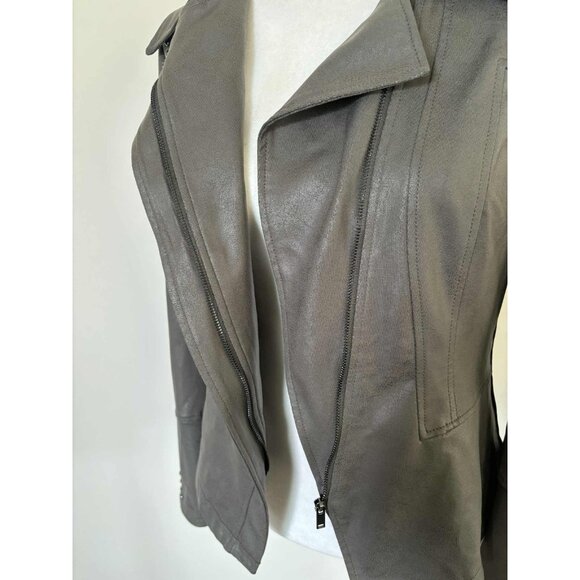 JOSEPH RIBKOFF Zip Up Moto Jacket Size Small Faux Leather Greenish Gray Studded - Picture 7 of 10